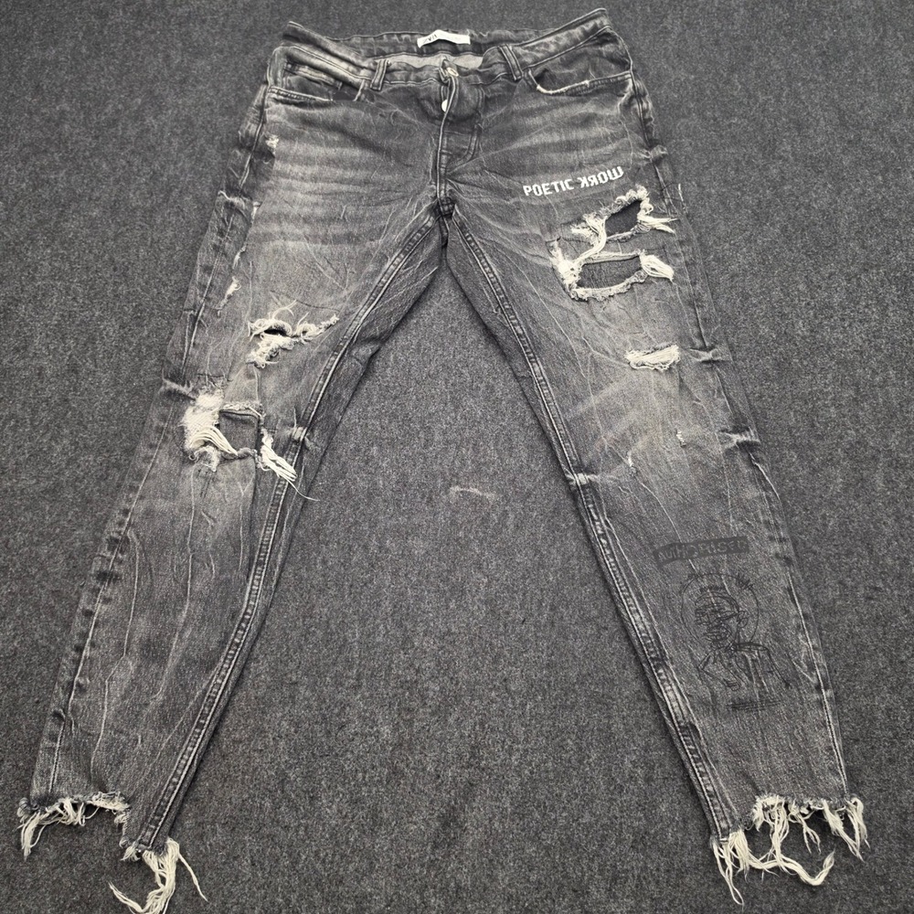 Zara Jeans Men 34 Black Distressed Poetic Work Graphic Slim Fit Denim